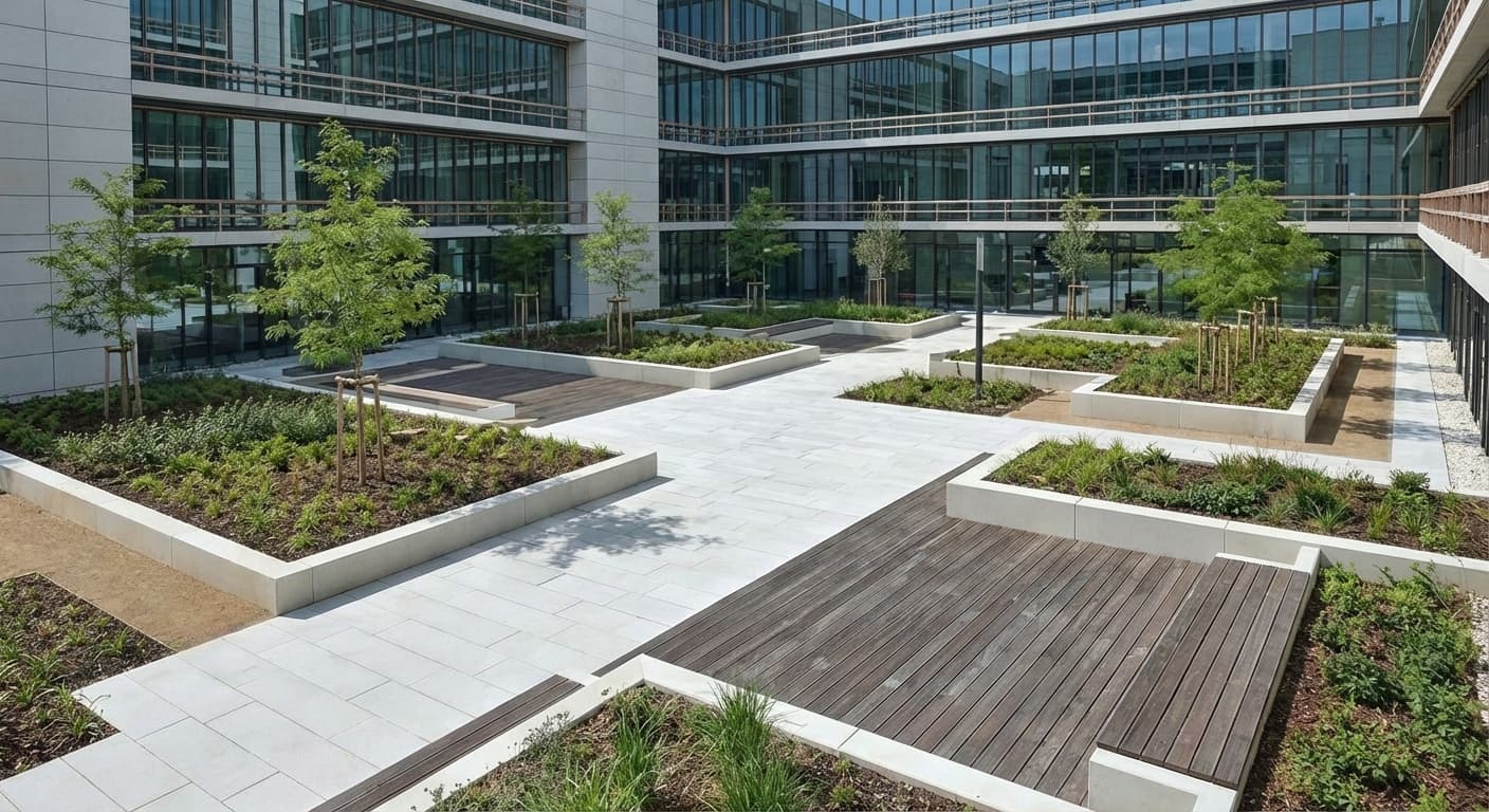 Gepflegte gewerbliche Außenanlage – Natursteinarbeiten